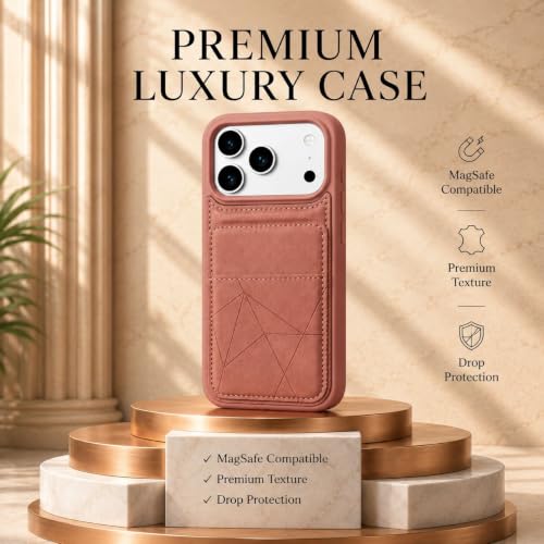 Image of amazon basics Premium Vegan Leather Back Cover with Card Holder and Integrated Mobile Stand for iPhone 17 Pro Max - Slim Shockproof Wallet Case with Geometric Stitching [Pink]