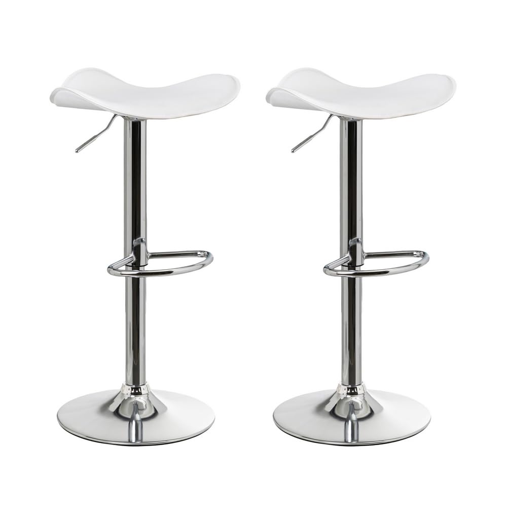 LOLAhome Set de 2 Taburetes de Cocina Giratorios en 360°, Juego de Sillas de Bar Regulables en Altura de 73 a 83 cm, Material Polipiel, Estructura Metal y Reposapiés, Blancos