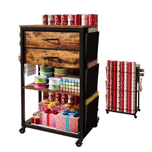 NinPeen Wrapping Paper Storage Cart with 2 Fabric Drawers,Gift Wrap Station with Ribbon and Gift Bage Storage,Rolling Craft Cart with Wrapping Paper Organizer Holder for Craft Office (Rustic Brown)