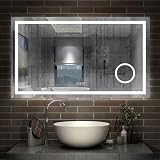 AICA LED Bathroom Mirror with Bluetooth 100 x 60 cm, Illuminated Mirror with Clock + 3 Colours + Dimmable + Anti-Fog + 3X Magnification, Waterproof Touch Switch Wall Mirror - 6