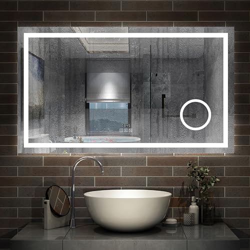 AICA LED Bathroom Mirror with Bluetooth 100 x 60 cm, Illuminated Mirror with Clock + 3 Colours + Dimmable + Anti-Fog + 3X Magnification, Waterproof Touch Switch Wall Mirror - 6