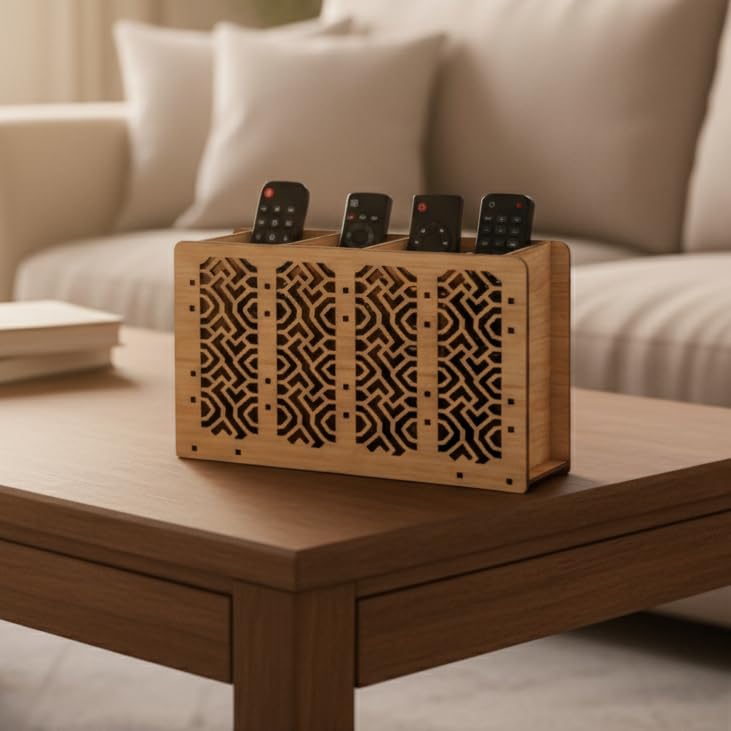 Image of Wooden Remote Holder for Table - 4 Slot Remote Organizer Caddy | Decorative Laser Cut TV Remote Control Storage Stand for Coffee Table, Living Room & Office | 7 x 5 x 2.5 Inches