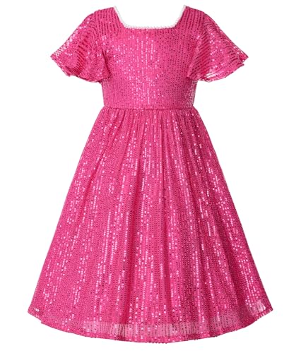 Uhnice Flower Girl Sequin Pearl Dress Flutter Sleeve Midi Dress Tulle Bow Back for Wedding Party