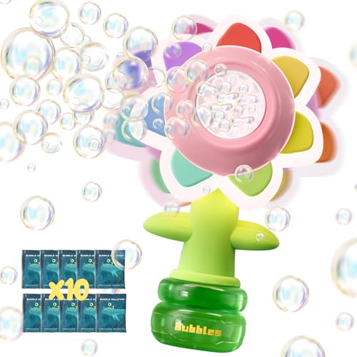 Rechargeable Flower Bubble Guns for Kids W/LED Lights & 10 Refill Solutions, Fun Swing Dance Bubble Maker Machine Blower Blaster Toys,Outdoor Summer Play, Easter, Birthday Party Favors & Gifts Pink