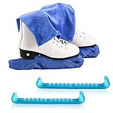 Eishockey Schlittschuhe Kufenschoner Geschenkset, 2 Stück Elastische Kufenstrümpfe+2 Stück Verstellbar Schutz Kunststoff+1 Stück Handtuch, Kufenschutz Zubehör für Damen Herren Kinde(Blau,Klein)