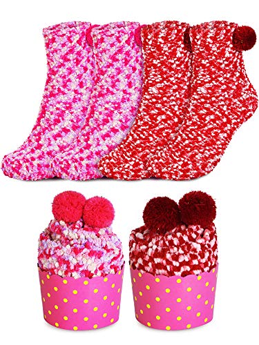 2 Pairs Christmas Socks Fuzzy Plush Socks Colorful Soft Socks with Cupcake Packaging for Valentine's Day (Red, Rose Red)