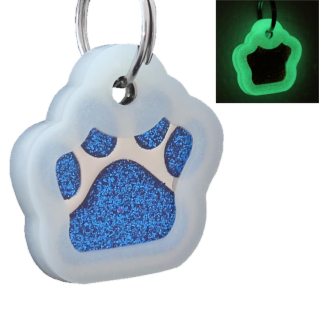 Pet ID Tags, Personalized Dog Tags and Cat Tags, Custom Engraved, Easy to Read, Cute Glitter Paw Pet Tag (Glitter Blue Silencer)
