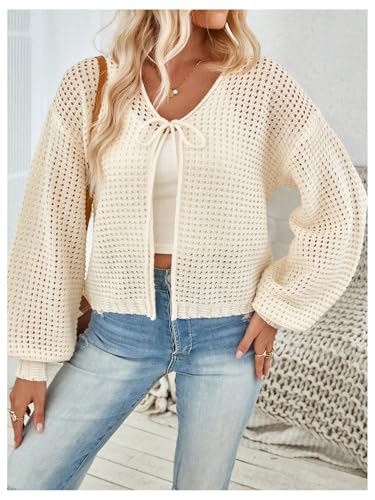 Image of MakeMeChic Women's Crochet Lightweight Cardigan Sweaters Tie Front Hollow Out Knitted Long Sleeve Cardigan Apricot X-Large
