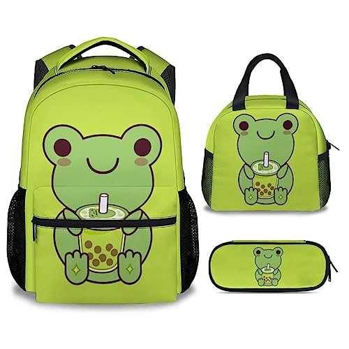 COOPASIA Frog Backpack with Lunch Box and Pencil Case 16 Inch Frog Theme Bookbag with Adjustable Straps Durable Lightweight Large Capacity School Backpack for Girls Women