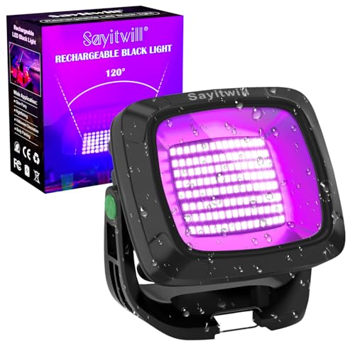 Sayitwill Rechargeable Black Light 6000Amh Battery Powered Blacklight 395nm Portable Cordless Ultraviolet Flood Light for Glow Party Catfishing Halloween Body Painting