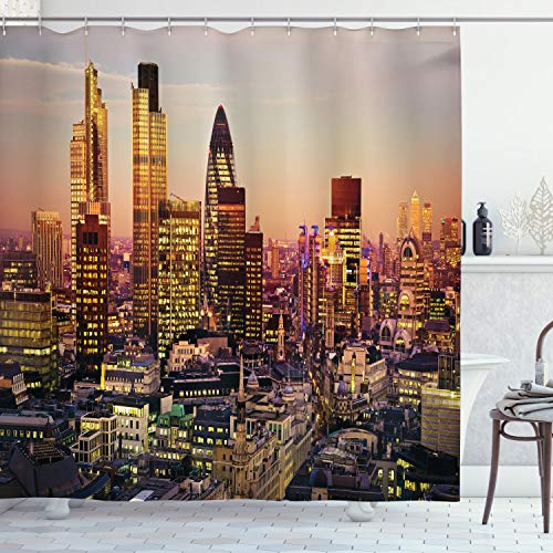 Ambesonne New York Shower Curtain, Global City Sunset Reflecting on Skyscrapers Famous Town Landmark View Photo Print, Cloth Fabric Bathroom Decor Set with Hooks, 70  Long, Brown Purple