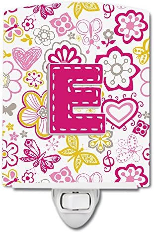 Caroline's Treasures CJ2005-ECNL Letter E Flowers and Butterflies Pink Ceramic Night Light Compact, UL-Certified, Ideal for Bedroom, Bathroom, Nursery, Hallway, Kitchen, 6x4x3, Multicolor image 2