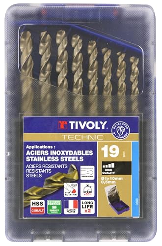 TIVOLY - Coffret Forets Gradués Métaux Haute Performance - Spécial Perçage Inox et Aciers Résistants - 19 Forets HSS Cobalt Ø1 à 10mm