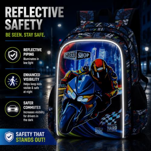 Image of 16 inch Cars Backpack for Boys, 3Pcs Kids Bookbag with Lunch Box, Motorcycle School Backpacks Set for Elementary Preschool Kindergarten(Black)