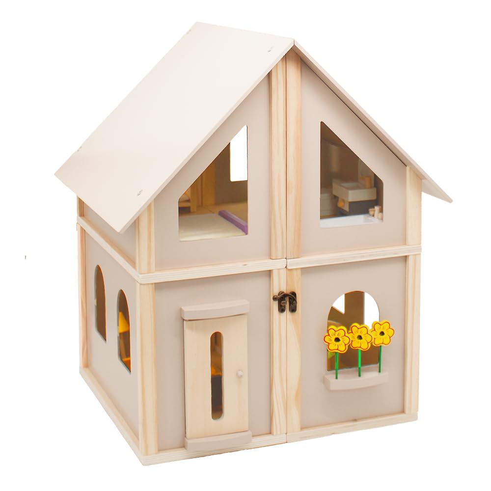 howa Casa delle bambole pieghevole in legno 7016, include 30 mobili, 4 bambole e cane, con 4 stanze, balcone, giardino, scale, casa delle bambole, naturale, beige