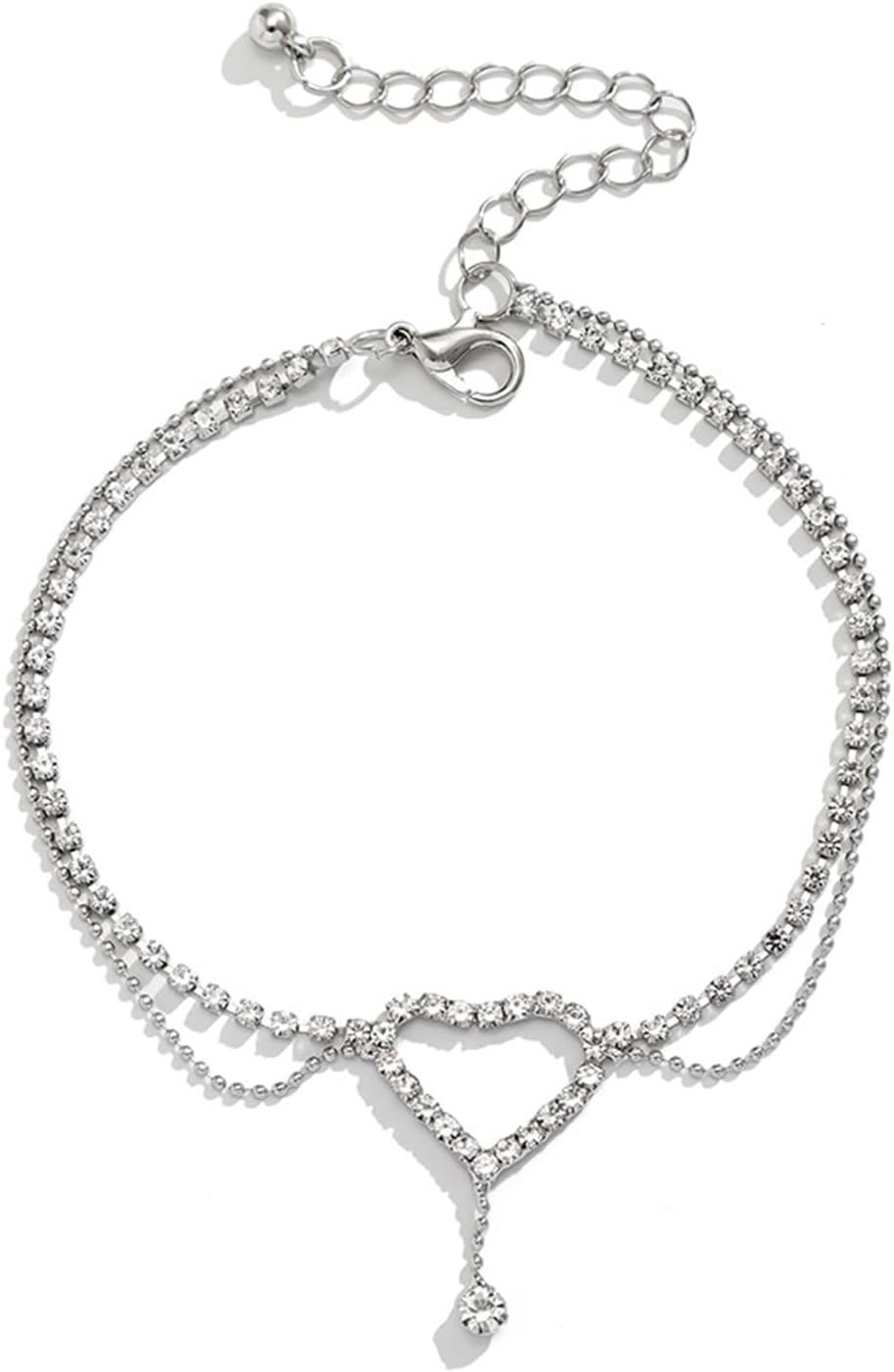 Silver Heart Ankle Bracelet Diamond Rhinestone Love Heart Anklet Layered Beads Chain Tennis Anklet Summer Beach Crystal Chain Anklet Foot Jewelry for Women - Image 6