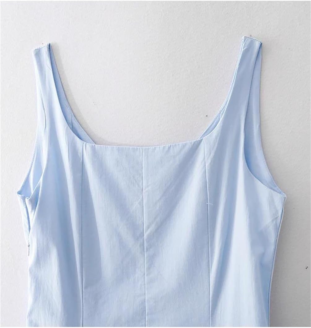 Women Square Collar Dress Beach Outfit Long Skirt Strap A-Line Cotton Dress Beachwear Dress