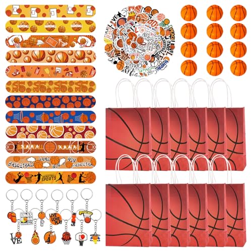 98 unidades de regalos de fiesta de baloncesto, bolsas de regalo de baloncesto, mini pelotas de estrés de baloncesto, llavero, pulsera de chupete, accesorios para fiestas deportivas, para niños, niñas