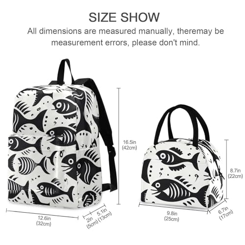 Black and White Fish Monster Lightweight Durable Student Backpack Set with Insulated Lunch Bag Large Capacity Kids Backpacks for Daily Use School Outdoor Travel Laptop Daypack 212164222