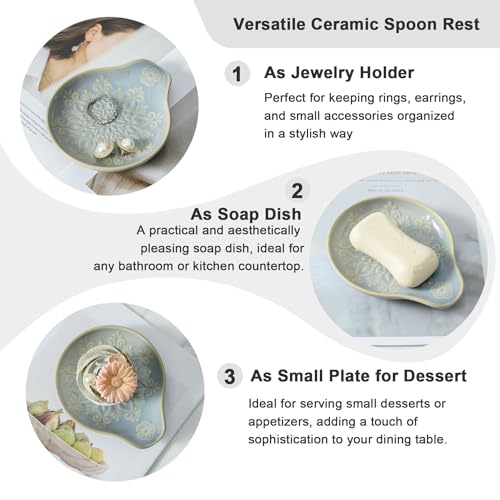 Image of Farmhouse Ceramic Spoon Rests Holder for Kitchen Counter Stove Top (Lightblue-A3)