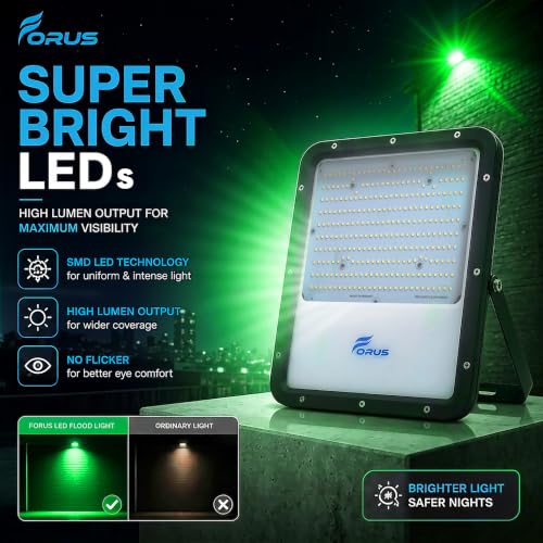 Image of Forus 200W LED Flood Light IP67 Waterproof, Green Outdoor Decorative Floodlight for Garden Decor, Landscape, Parking, Warehouse, High Mast Security Light with 4 Year Warranty
