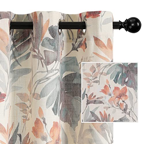 Image of MYSKY HOME Curtains 90 Inch Length Orange Curtains for Living Room Flower Printed Light Filtering Privacy Protect Drapes Set Natural Linen Look Window Treatment Grommet 2 Panels,Coral and Natural