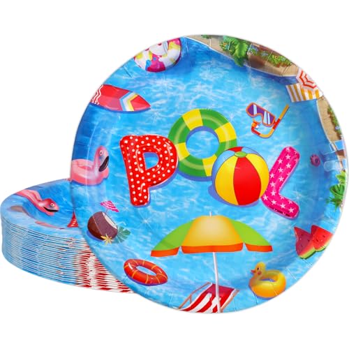 Fancy Land Pool Party Plates Summer Beach Paper Plate for Tropical Theme Decoration Hawaiian Birthday Party Supplies 24Pcs