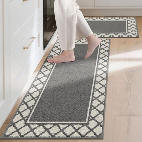 COSY HOMEER Absorbent Kitchen Runner Rug Mats 2 Pieces, 50x76cm+50x122cm, Extra Nonslip TPR Backed Carpet Rugs for Kitchen, Soft Standing & Machine Washable, Vacuum Cleaner Available No Curling, Grey