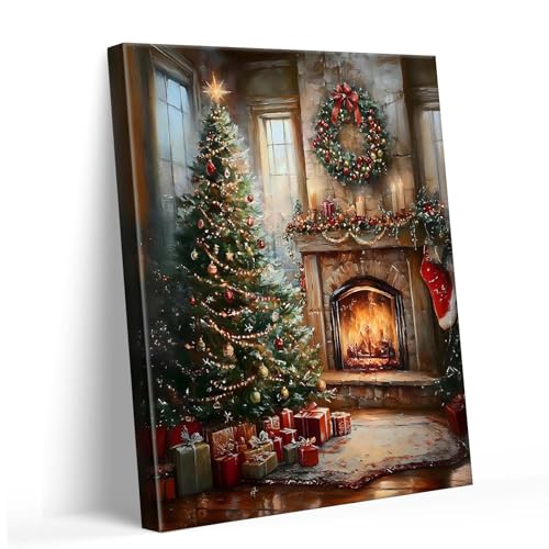 Christmas Wall Art: Vintage Christmas Trees Canvas Decor Fireplace Christmas