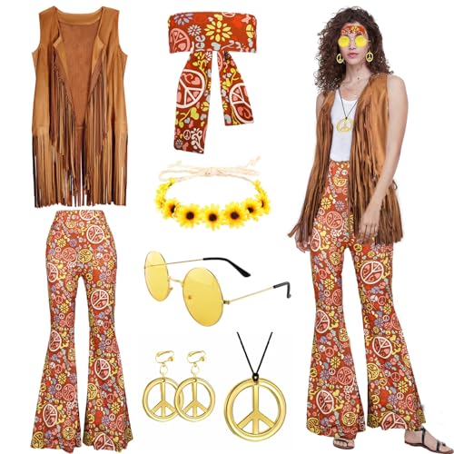 Moiuguli Hippie Kostüm Damen Set, 60er 70er Jahre Faschingskostüm Hippie Kleidung Damen mit Fransenweste Schlaghose Hippie Accessoires, Hippie Kostüm für Karneval Party