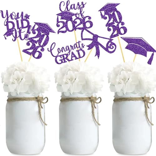 Image of Graduation Centerpiece Sticks 24PCS Glitter Grad Picks Party Table Decor Senior High School College Sign Purple