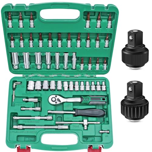 53-Piece 1/4 Drive Socket Wrench Set with Metric Bit Sockets and Extension Bar for Auto and Home Repairs, Includes Storage Case and 72-Tooth Reversible Ratchets