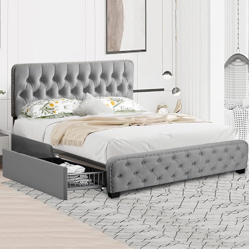 PrimeZone Upholstered Full Size Metal Bed Frame with 4 Storage Drawers & Adjustable Headboard, Button Tufted, Heavy Duty Modern Fabric Bedroom Platform Bedframe, No Box Spring Needed, Grey G