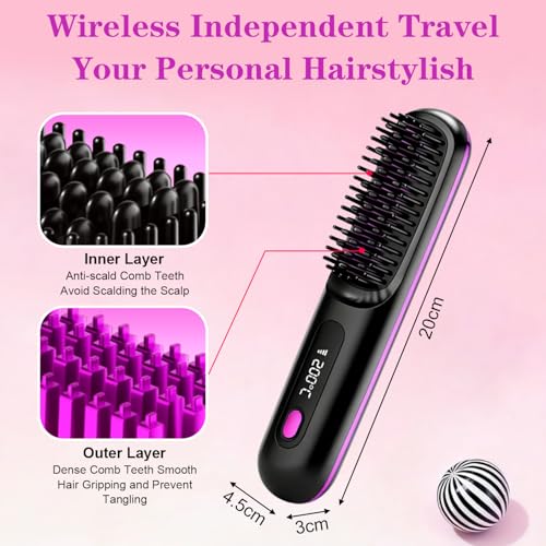 Image of Go Brush Pro Cordless Hair Straightener Brush, Portable Straightener Brushs for Travel, Fast Heating Cordless Mini Hair Brushs with LED Display, 3 Adjustable Temperatures for All Hair Types, Black