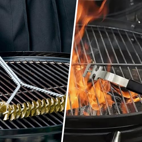 Grillrostheber, 2 Stück hitzebeständige Grillrostheber + Grillbürste Dreiseitige, Anti-Verbrühung Grillrost Heber Werkzeug Edelstahl-Grillgitter-Abzieher BBQ Werkzeuge Zubehör für Camping