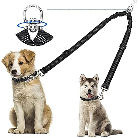 Kelivi Double Dog Lead Coupler, No Tangle 360°Swivel Rotation Two 2 Dog Lead Splitter, Heavy Duty Adjustable Bungee Reflective Dual Dog Leash for Walking Medium Large Dog (Black) Cover