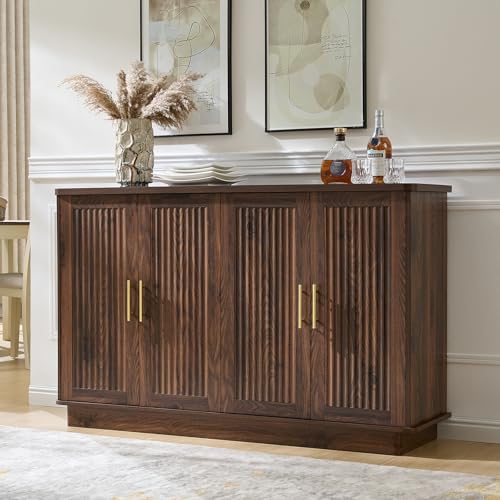 Okvnbjk Modern Sideboard Buffet Cabinet with Storage — Fluted Coffee Bar Cabinet with 4 Doors & Adjustable Shelves for Kitchen, Dining Room, Living Room & Hallway