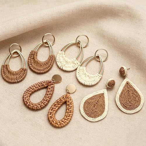 Image of 4 Pairs Handmade Raffia Rattan Bohemian Round Drop Dangle Earrings for Women, Boho Statement Cute Fun Hoop Earrings Set