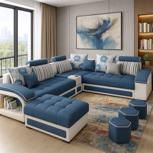 Image of Casaliving Yamir Modern U-Shaped Sectional Sofa Set with Storage, 9 Seater, Sofa Couch with 4 Puffy for Hall Guest Room (Blue & Grey) Premium Fabric Sofa Set