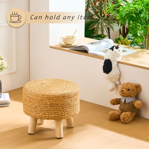 LGENHOOM Handwoven Round Ottoman, Natural Water Hyacinth Outdoor Patio Pouf Seagrass Low Stool with Wood Legs, Soft Padded Footrest for Living Room Bedroom Garden, Natural - Thumbnail 5