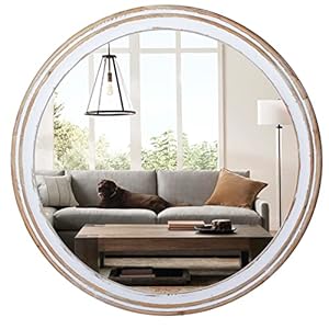 32″ Round Mirrors for Wall Decor, Rustic Farmhouse Wooden Circle Mirror for Bathroom Over Sink, Distressed Decorative Mirrors for Entryway, Living Room, Vanity Hanging Mirror