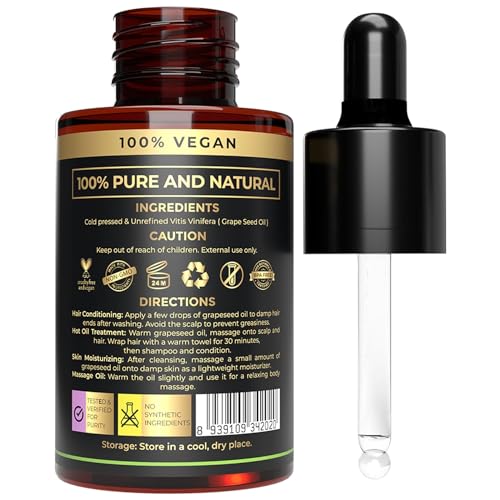 Image of USDA Organic Grapeseed Oil - 100% Pure, Cold-Pressed, Non-GMO - Ideal Massage Oil, Face Oil, Hair Care, Skin Moisturizer - Best Grape Seed Oil for Skin & Hair - 1 Fl oz