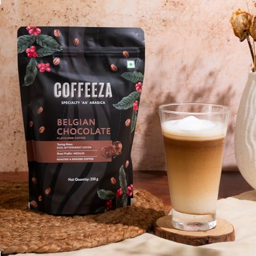 Image of COFFEEZA Ground Coffee - Fine Grind - Belgian Chocolate Flavored - Pack Of 2 (250G Each) - Medium-Dark Roast 100% Arabica Ground Coffee Powder Packet