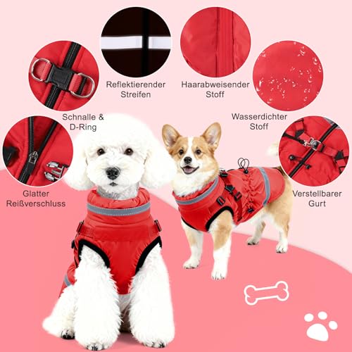 Poseca Hundemantel mit Geschirr Hundejacke mit Reißverschluss, wasserdichte Winterjacken für Kleine und Mittelgroße Hunde und Katzen