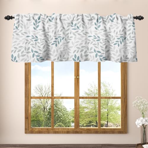 Cortinas de cocina rústicas con diseño botánico de hojas grises 2