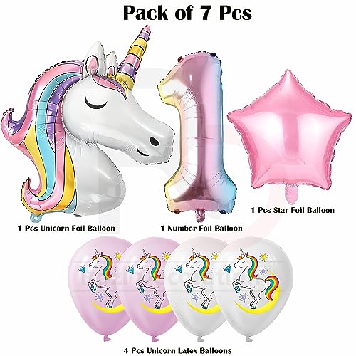 Image of Rozi Decoration Unicorn 1st Birthday Balloon Kit - 7 Pcs Set with Large Unicorn Foil Balloon, Number 1 Foil Balloon & Latex Balloons for Baby Girl & Boy First Birthday Party Decoration