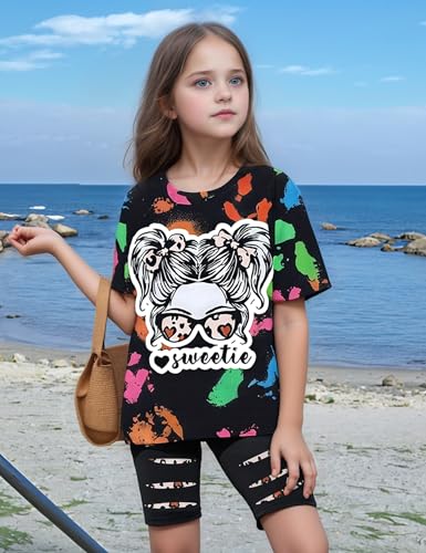Image of Girls Clothes Short Sleeve Tie Dye Top Shorts and Pants 2PCS Girls Summer Outfits Size 6-16