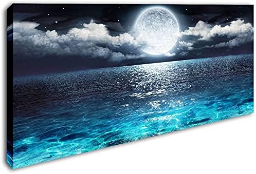 DVQ ART - Sea Canvas Wall Art Blue Clear Ocean Seascape Giclee Artwork Full Moon in Cloud Landscape Framed Picture Canvas Prints for Living Room Decor - 20"x 40"