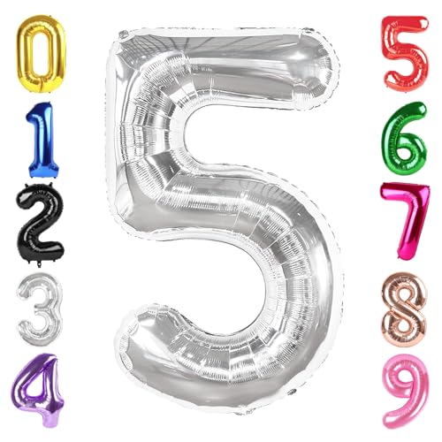 Image of 40 Inch Silver Number 5 Balloon Birthday Party Decorations for Men & Women | 40 Inch Silver inflatable foil number balloons, large birthday decorations for 5th birthday