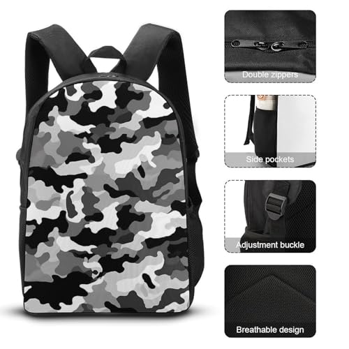 3 Piece Backpack for Women Men Lightweight Causal Daypack Shoulder Bag Set with Insulated Lunch Bag And Pencil Case Organizers Black Grey White Parttern3